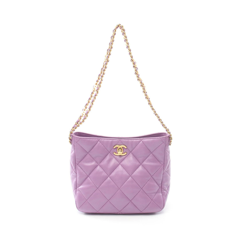 Chanel Hobo Shoulder Bag Lambskin Sheepskin Leather Purple